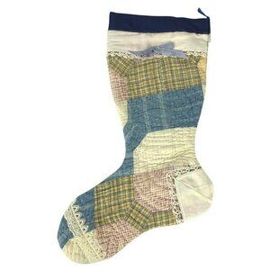Handmade Patchwork Quilt Christmas Stocking With Lace Trim Blue Satin Ribbon Top